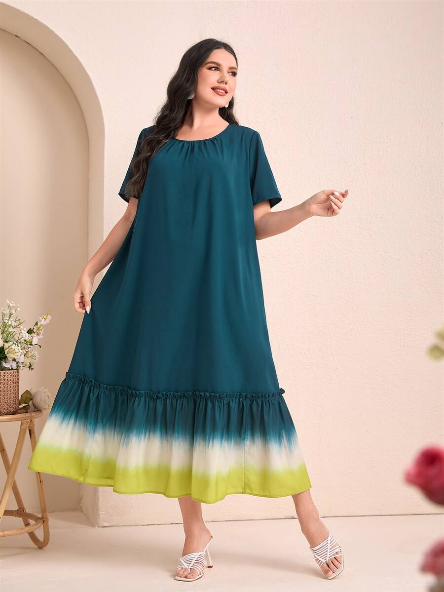 Mulvari Plus Ombre Ruffle Hem Smock Dress - Teal Blue - View 1