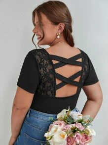 SHEIN Frenchy Plus Contrast Lace Crisscross Back Tee - Black - View 1