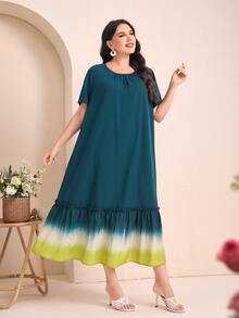 Mulvari Plus Ombre Ruffle Hem Smock Dress - Teal Blue - View 3