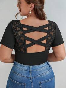 SHEIN Frenchy Plus Contrast Lace Crisscross Back Tee - Black - View 3