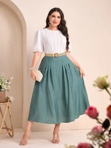 Mulvari 大碼素色褶皺細節喇叭半身裙 - 薄荷綠 - 查看 5