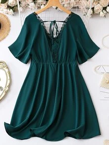 SHEIN LUNE Plus Contrast Lace Tie Back Butterfly Sleeve  Dress - Green - View 2