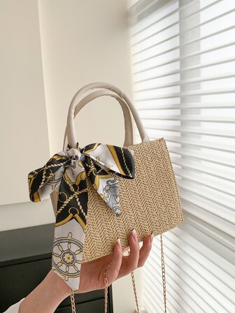 迷你草編包絲巾裝飾雙把手適用於度假