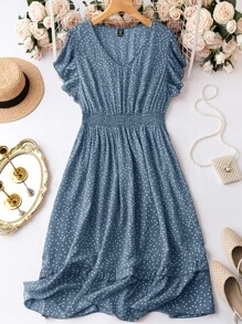 SHEIN Clasi Plus Polka Dot Print Butterfly Sleeve Dress - Dusty Blue - View 1