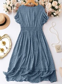 SHEIN Clasi Plus Polka Dot Print Butterfly Sleeve Dress - Dusty Blue - View 2