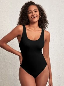 SHEIN BASICS 純色湯匙領背心連身衣 - 黑色 - 查看 1