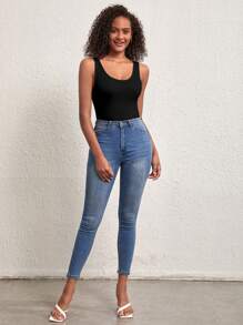 SHEIN BASICS 純色湯匙領背心連身衣 - 黑色 - 查看 4