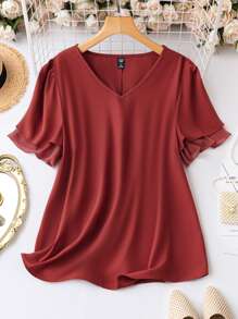 SHEIN LUNE 大碼素色V領泡泡袖襯衫 - 紅木色 - 查看 1