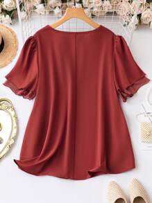 SHEIN LUNE 大碼素色V領泡泡袖襯衫 - 紅木色 - 查看 2