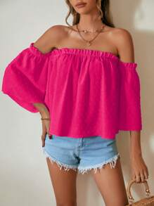 SHEIN Privé Solid Swiss Dot Off Shoulder Frill Trim Blouse - Hot Pink - View 3