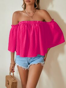 SHEIN Privé Solid Swiss Dot Off Shoulder Frill Trim Blouse - Hot Pink - View 4