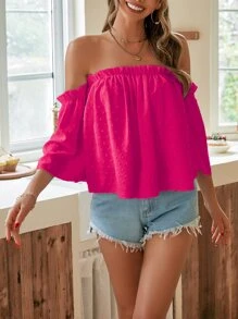 SHEIN Privé Solid Swiss Dot Off Shoulder Frill Trim Blouse - Hot Pink - View 5