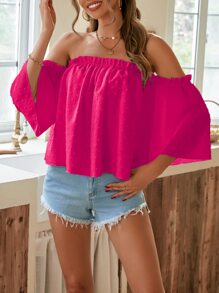 SHEIN Privé Solid Swiss Dot Off Shoulder Frill Trim Blouse - Hot Pink - View 6