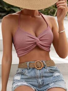 SHEIN VCAY 前扭結後背繫帶掛脖上衣 - 藕粉色 - 查看 1