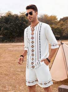 Manfinity RSRT 男士寬鬆幾何印花開衫領上衣和短褲 - 白色 - 查看 3