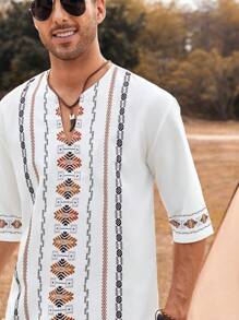 Manfinity RSRT 男士寬鬆幾何印花開衫領上衣和短褲 - 白色 - 查看 5