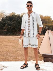 Manfinity RSRT 男士寬鬆幾何印花開衫領上衣和短褲 - 白色 - 查看 7