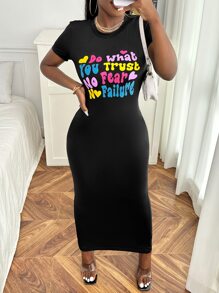 Slaydiva Slogan Graphic Bodycon Dress - Black - View 1