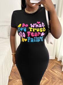 Slaydiva Slogan Graphic Bodycon Dress - Black - View 3