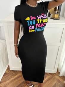 Slaydiva Slogan Graphic Bodycon Dress - Black - View 5
