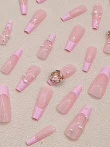 24入組長棺材形淡粉色Y2K閃爍閃亮紋理＆甜美3D心型珍珠鑲嵌全套假指甲，適用於聖誕派對、跳舞場合，即貼式假指甲，美甲用品 - 彩色 - 查看 2