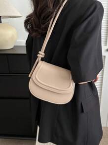 Solid Color Mini Vintage Buckle Fastening College Style Elegant Shoulder Bag - Apricot - View 3