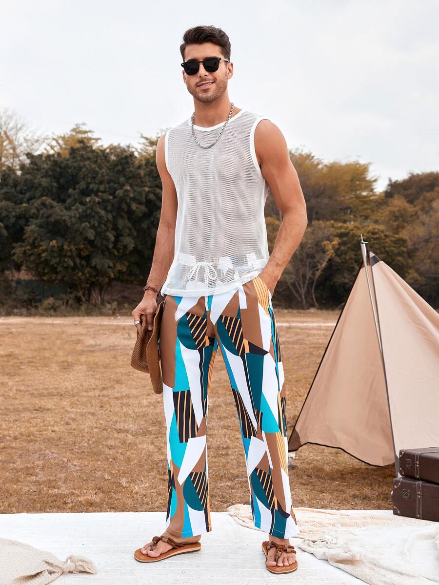 Manfinity RSRT Men Solid Tank Top & Geo Print Drawstring Waist Trousers - Multicolor - View 1