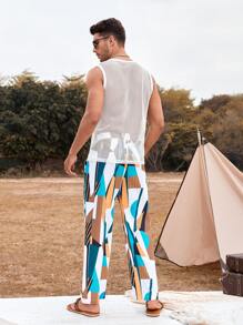 Manfinity RSRT Men Solid Tank Top & Geo Print Drawstring Waist Trousers - Multicolor - View 2
