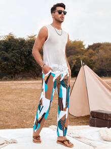 Manfinity RSRT Men Solid Tank Top & Geo Print Drawstring Waist Trousers - Multicolor - View 4