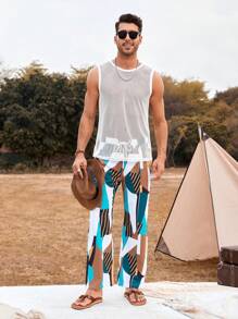 Manfinity RSRT Men Solid Tank Top & Geo Print Drawstring Waist Trousers - Multicolor - View 5