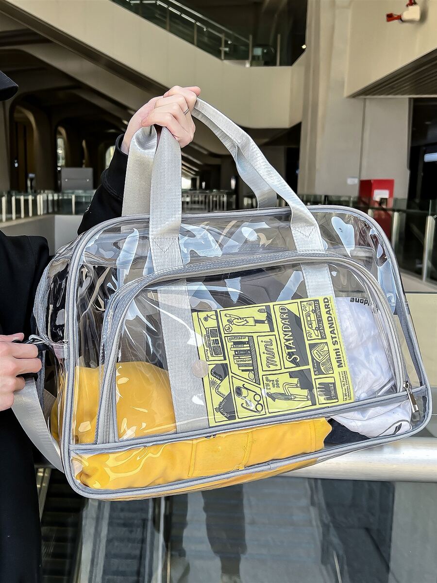 Contrast Binding Duffel Bag Clear PVC Waterproof Double Handle For Travel & Gym - Clear - View 1