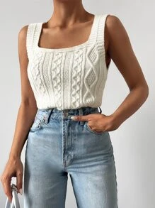 EURMUSE Solid Cable Knit Tank Top - Beige - View 1