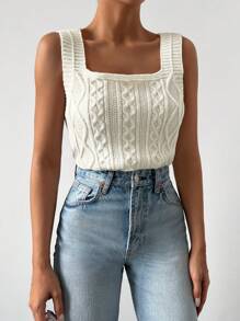 EURMUSE Solid Cable Knit Tank Top - Beige - View 3