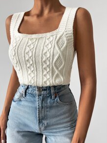 EURMUSE Solid Cable Knit Tank Top - Beige - View 5