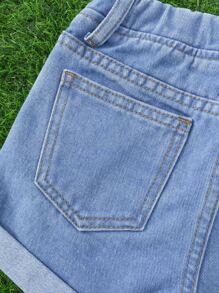 SHEIN Cô Gái Trẻ Thêu trái tim Cuộn lên Hem Quần short Denim - Rửa nhẹ - Xem 3