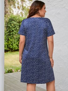SHEIN LUNE Vestido de talla grande con cuello en V y estampado de corazón - Azul Marino - Ver 2