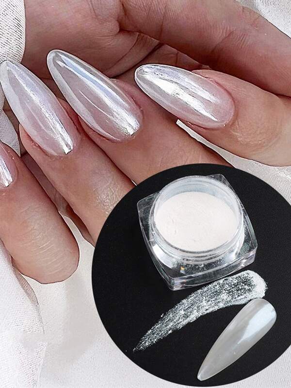 Pearl White Nail Art with Mirrored Holographic Chrome Mirror