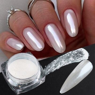 Gorgeous Pearl White Nail Art With Mirrored Holographic Chrome - Mirror Nail Powder Pigment DIY Nail Charms Nail Gems Nail Supplies