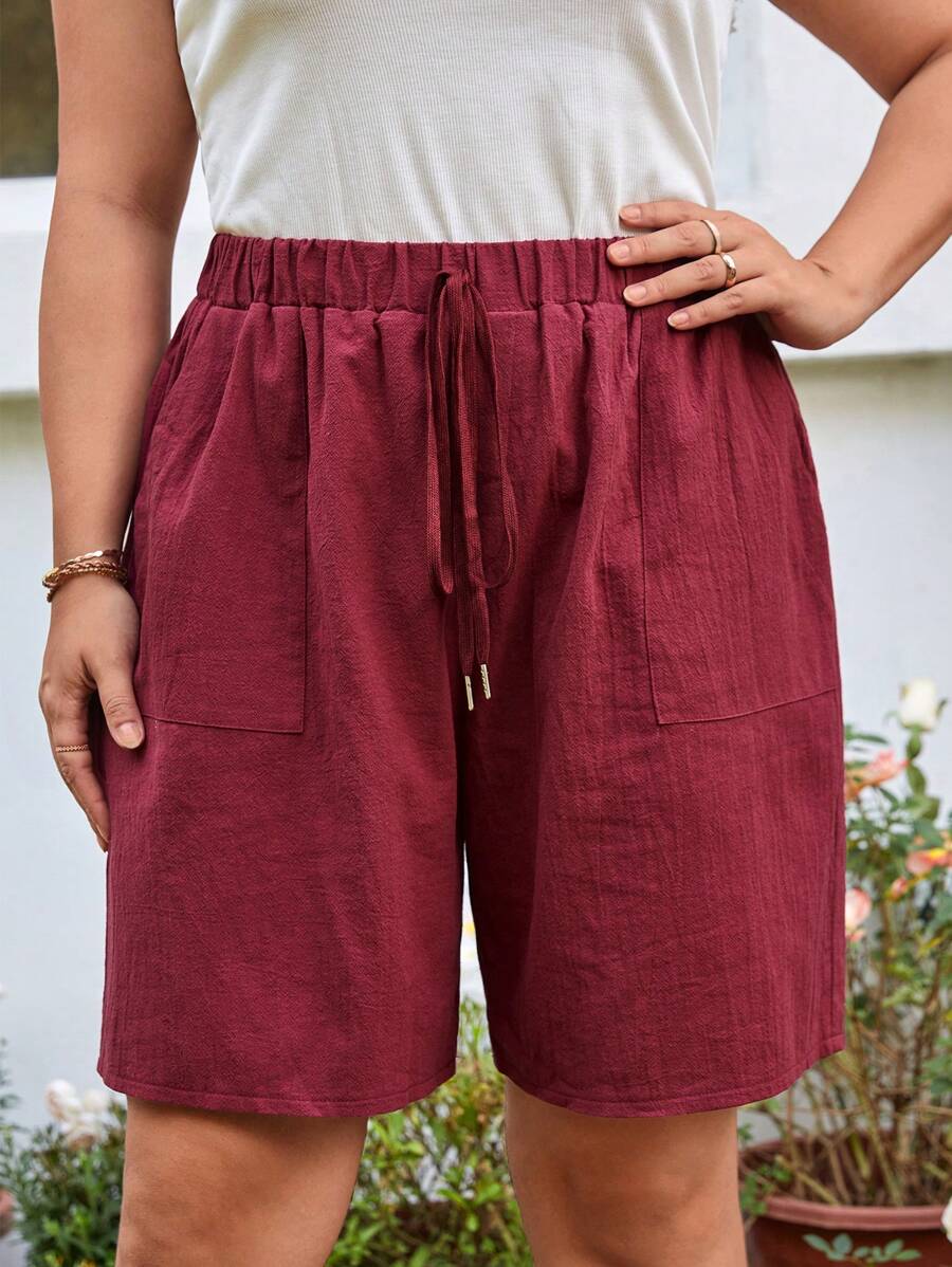 SHEIN LUNE 大碼腰部打結斜口袋短褲 - 酒紅色 - 查看 1