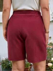 SHEIN LUNE 大碼腰部打結斜口袋短褲 - 酒紅色 - 查看 2