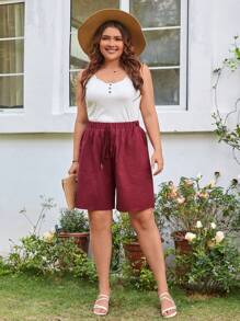 SHEIN LUNE 大碼腰部打結斜口袋短褲 - 酒紅色 - 查看 3