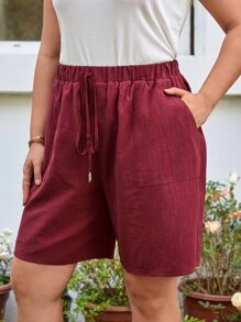 SHEIN LUNE 大碼腰部打結斜口袋短褲 - 酒紅色 - 查看 4