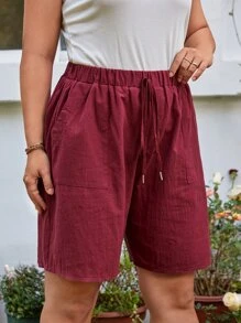 SHEIN LUNE 大碼腰部打結斜口袋短褲 - 酒紅色 - 查看 5