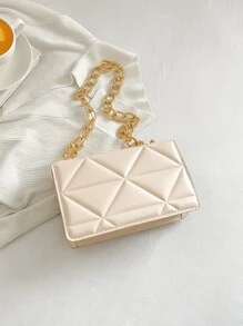 Bolso cuadrado guateado mini con solapa con cadena con tira para diariamente - Caqui - Ver 2