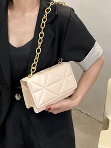 Bolso cuadrado guateado mini con solapa con cadena con tira para diariamente - Caqui - Ver 3