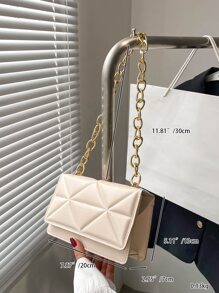 Bolso cuadrado guateado mini con solapa con cadena con tira para diariamente - Caqui - Ver 4