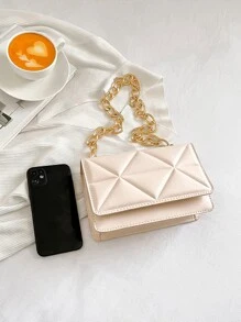 Bolso cuadrado guateado mini con solapa con cadena con tira para diariamente - Caqui - Ver 6