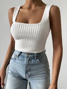 EURMUSE 素色麻花編織背心上衣 - 白色 - 查看 1