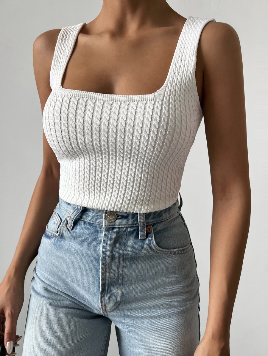 EURMUSE 素色麻花編織背心上衣 - 白色 - 查看 1