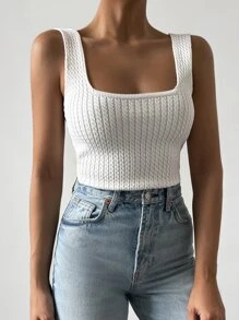 EURMUSE 素色麻花編織背心上衣 - 白色 - 查看 3